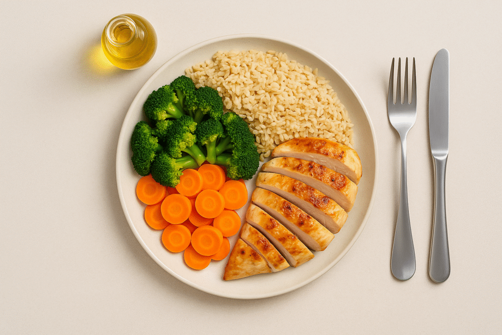 Prato com arroz integral, brócolis, cenoura e frango grelhado, acompanhado de azeite e talheres.