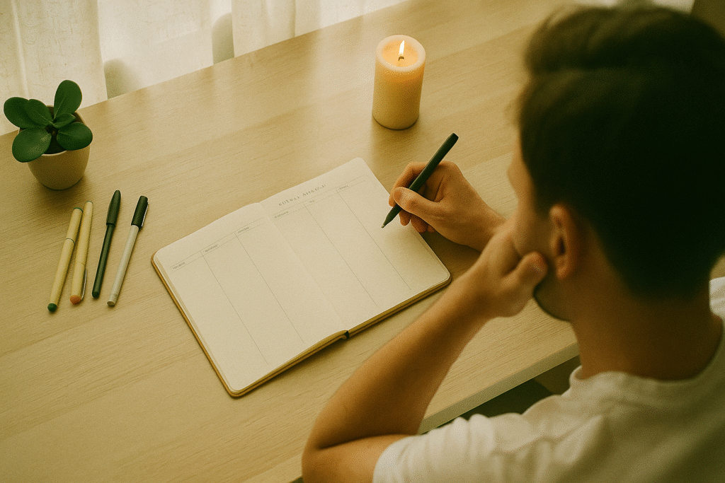 Homem visto de cima escrevendo em um planner semanal sobre uma mesa de madeira clara, com vela acesa, canetas e planta ao lado, iluminado por luz natural suave vinda da janela com cortinas
