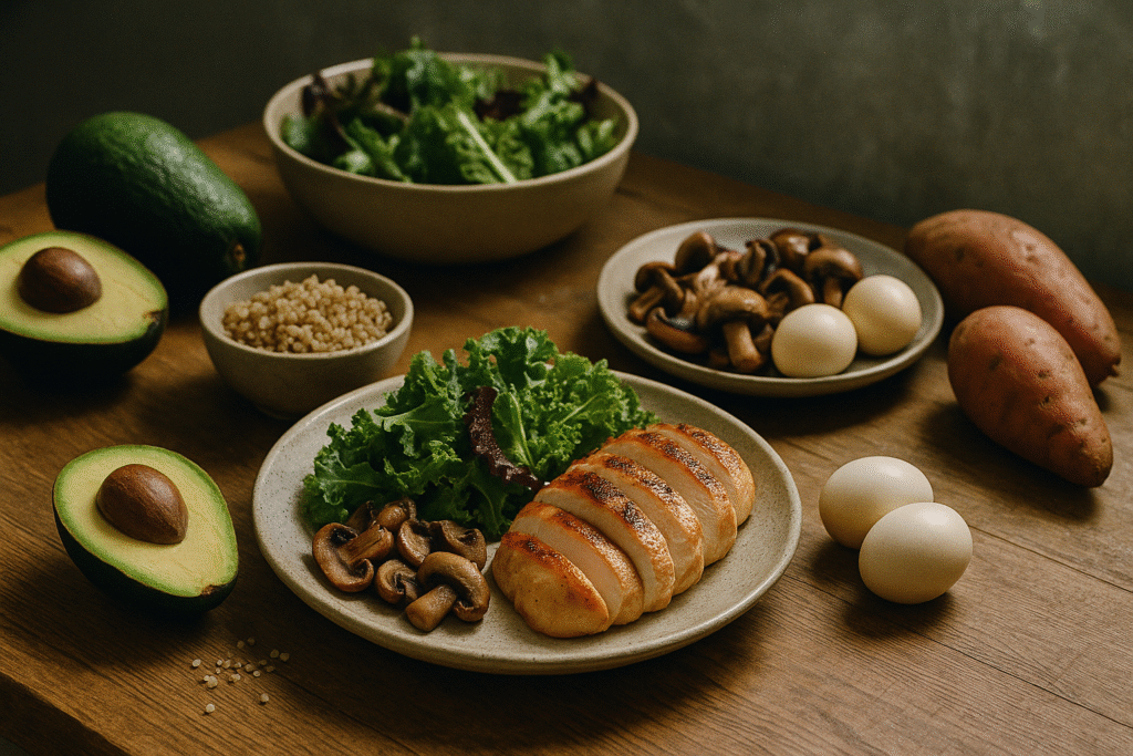 Mesa de madeira com alimentos saudáveis como frango grelhado, folhas verdes, cogumelos, ovos, abacate, batata-doce e quinoa, com estética analógica e iluminação suave