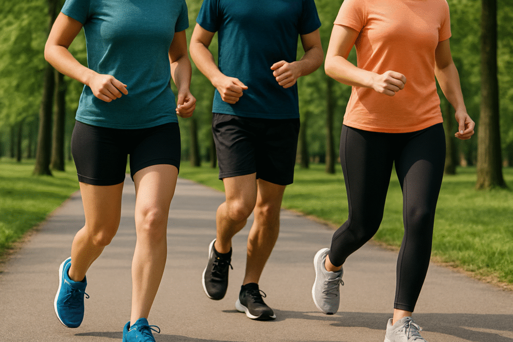 Três corredores amadores — duas mulheres e um homem — correndo em um parque arborizado, com foco nas pernas em movimento e nos tênis esportivos, simbolizando saúde, bem-estar e atividade física ao ar livre.