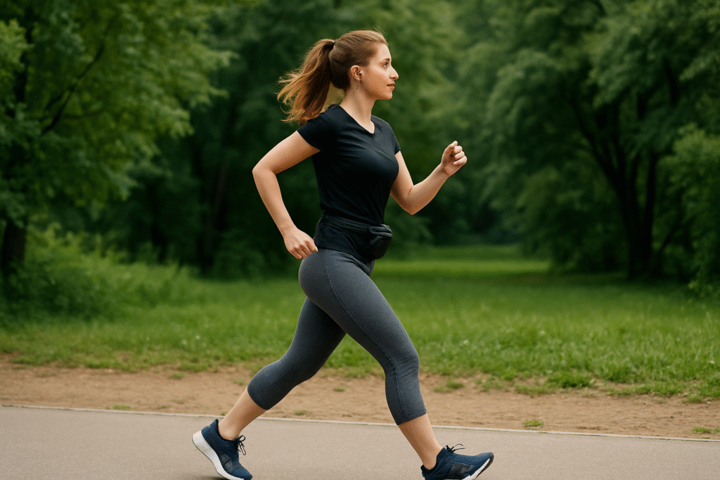 Mulher jovem caminhando com foco e ritmo em parque arborizado, usando roupa de treino e tênis.