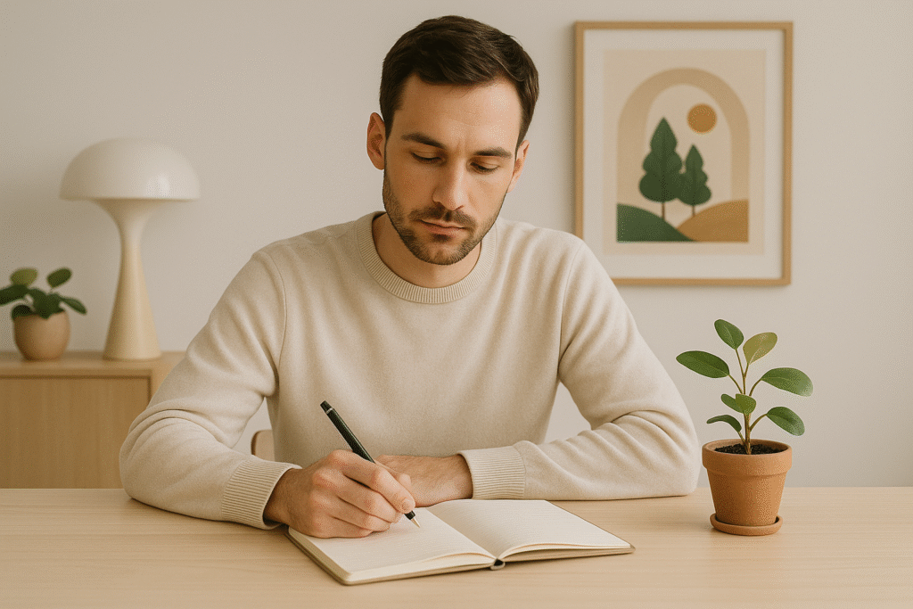 Homem jovem escrevendo em um caderno, sentado à mesa em ambiente minimalista e claro com planta e arte na parede.