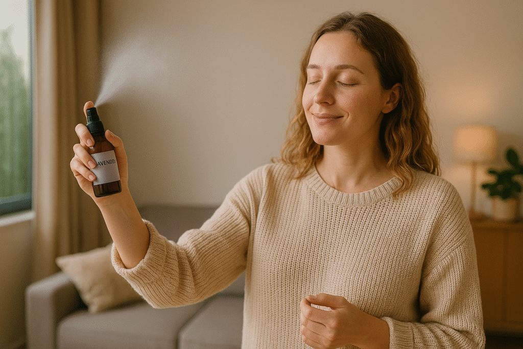 Mulher jovem borrifando spray de lavanda no ar, com expressão relaxada em ambiente acolhedor.