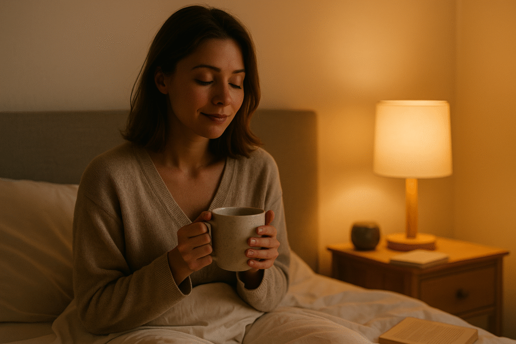 Mulher jovem sentada na cama à noite, segurando uma caneca de chá e rodeada por luz suave.