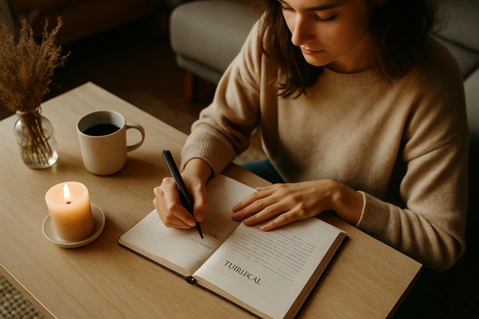 Mulher escrevendo em caderno em ambiente calmo e iluminado, praticando journaling para saúde mental