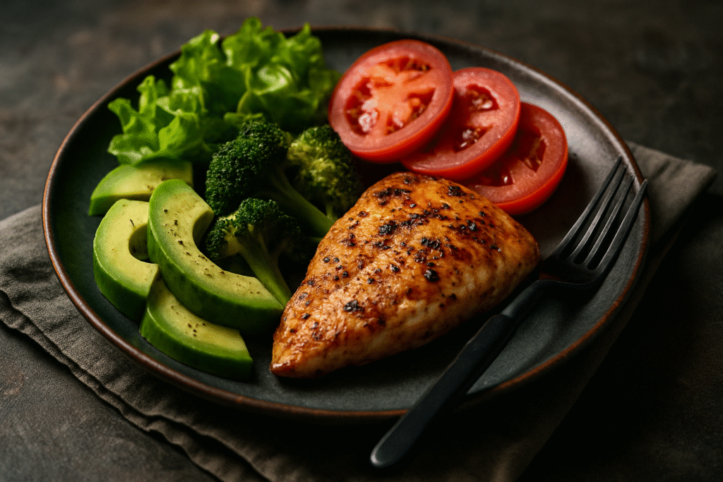 Prato cinematográfico com refeição low carb equilibrada, composto por legumes grelhados, mix de folhas, proteína e sementes, sobre mesa de madeira clara.