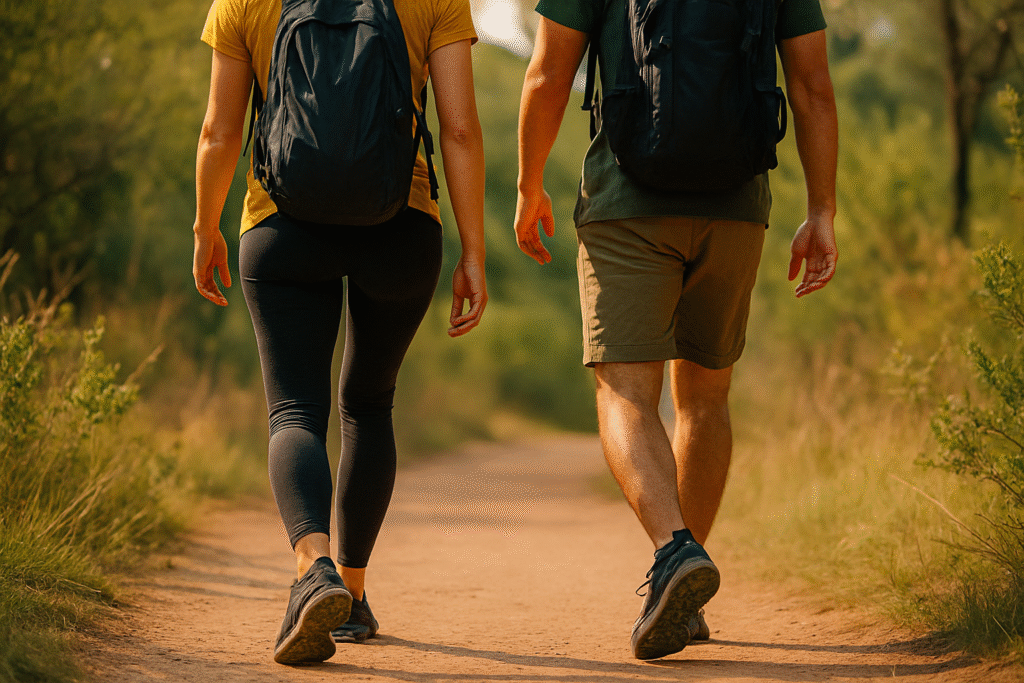Pernas de um casal caminhando por trilha em parque com vegetação de cerrado, em luz natural suave, simbolizando conexão com a natureza e bem-estar.