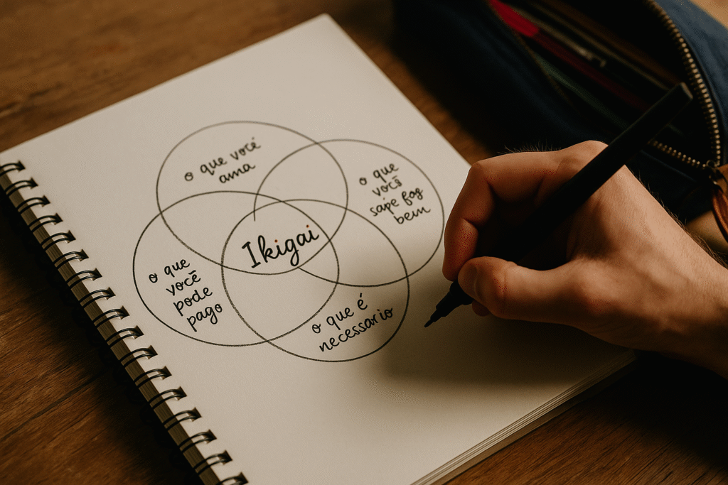 Mão desenhando à mão o diagrama do Ikigai em português sobre uma folha grande de papel, com estojo ao lado e iluminação suave.
