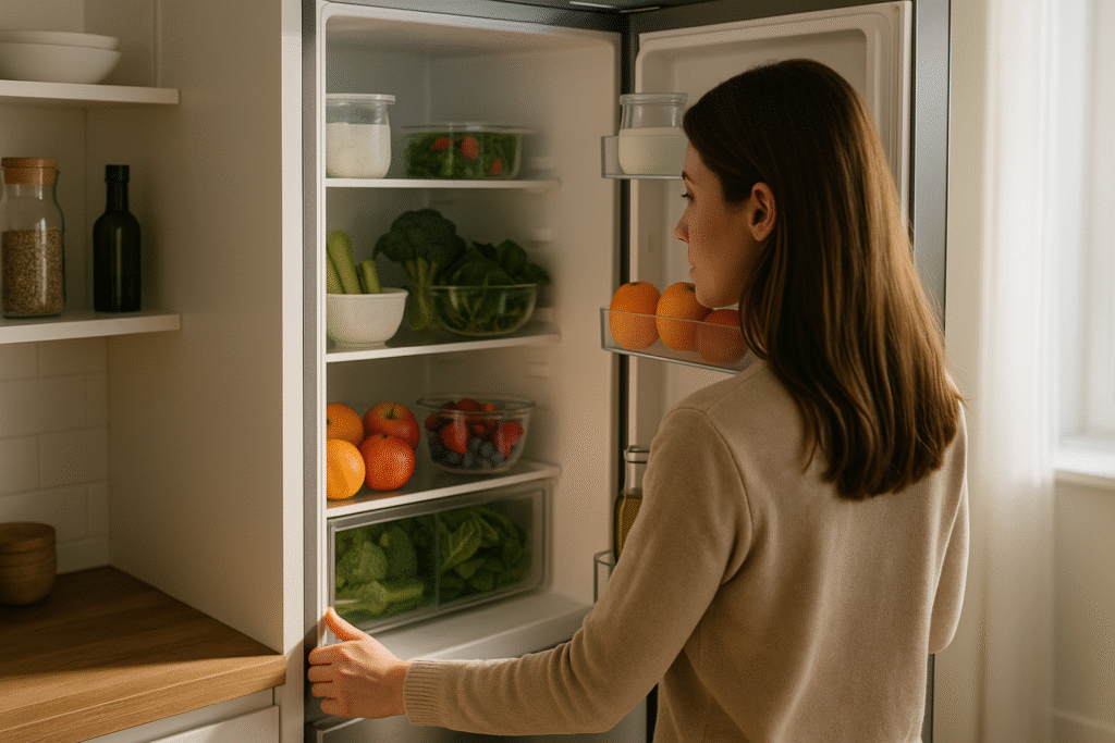 Mulher abrindo a geladeira cheia de alimentos saudáveis como frutas, vegetais e marmitas em uma cozinha clara e moderna