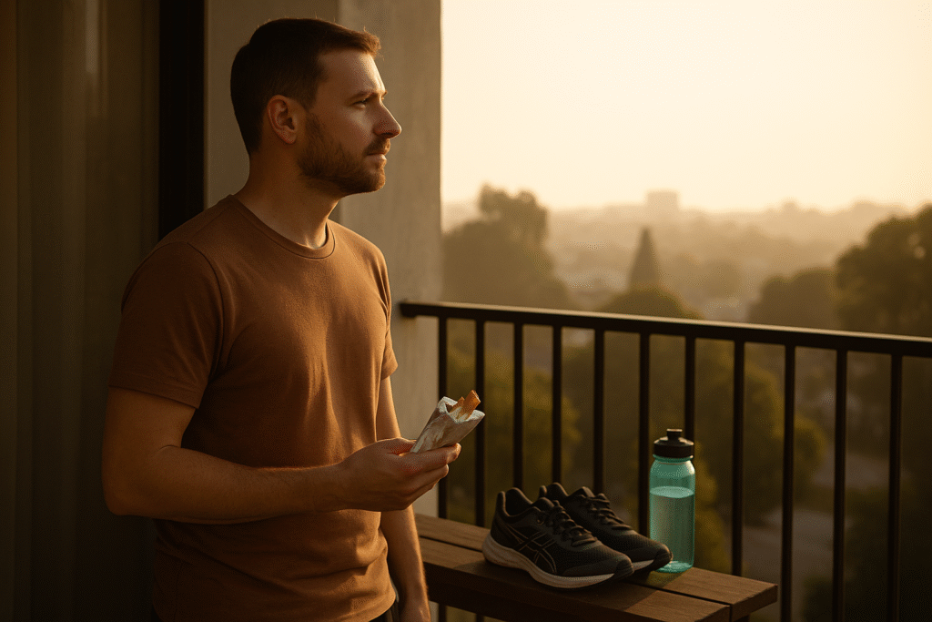 Homem em pé na varanda observando o horizonte com um maço de cigarros nas mãos, refletindo sobre a decisão de parar de fumar