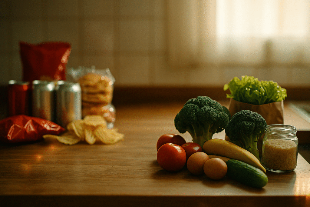 Comparação visual entre alimentos ultraprocessados desfocados à esquerda e alimentos naturais frescos em destaque à direita sobre uma bancada de madeira iluminada por luz natural suave