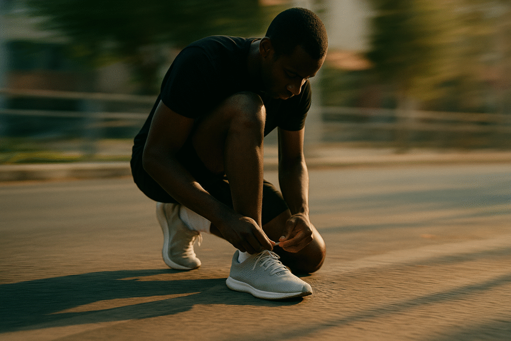 Homem negro agachado em rua urbana ao amanhecer, amarrando o tênis com foco e tranquilidade antes de sair para correr, com leve motion blur ao fundo