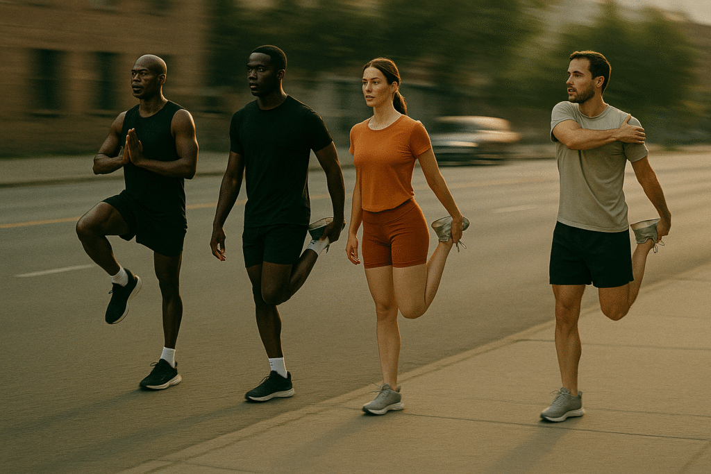 Grupo de quatro corredores se alongando ao ar livre em rua urbana ao amanhecer, com diferentes posturas de alongamento e leve motion blur ao fundo