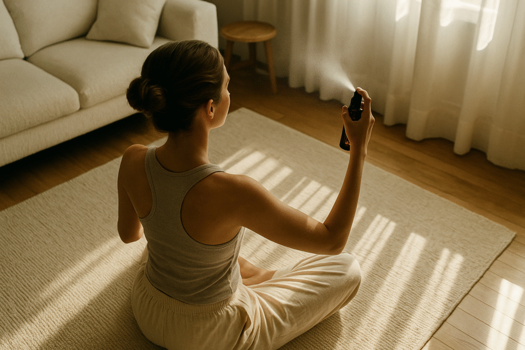 Mulher sentada de costas, em posição de meditação, borrifando lavanda no ambiente de uma sala iluminada pela luz natural, vista de cima para baixo