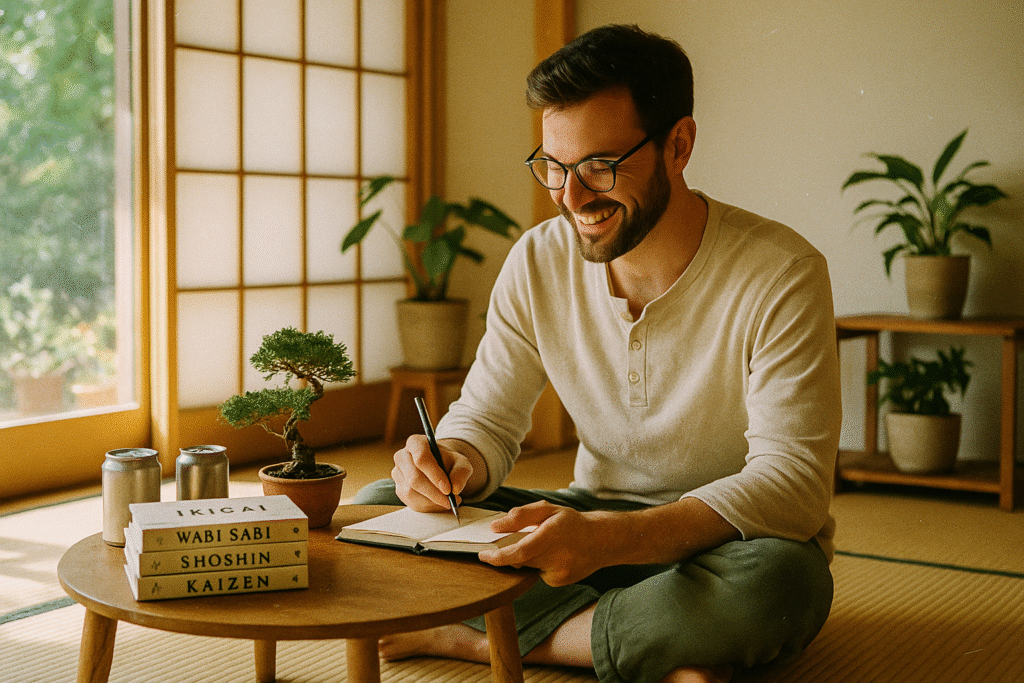 Homem sorridente sentado no chão sobre tatame em uma sala com estética japonesa, escrevendo em um caderno ao lado de livros com títulos como Ikigai, Wabi Sabi, Shoshin e Kaizen