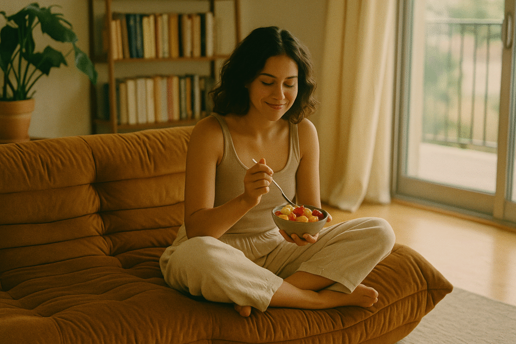 Mulher jovem de pele morena clara sentada confortavelmente em um sofá tipo Togo caramelo, comendo salada de frutas e sorrindo em um ambiente iluminado por luz natural suave