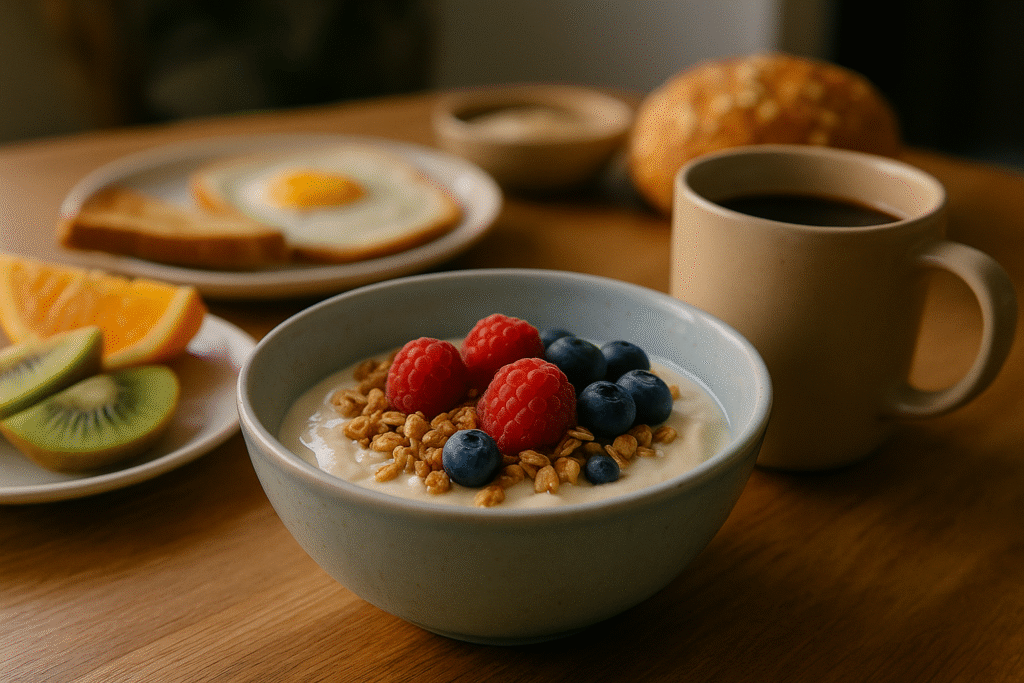 Café da manhã saudável com frutas, iogurte, ovos e pão integral, com foco cinematográfico nos alimentos da frente.
