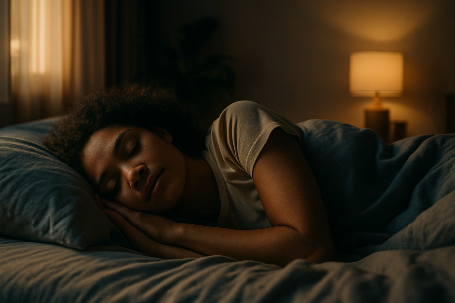 Mulher dormindo em quarto calmo e iluminado naturalmente, com ambiente propício para sono de qualidade
